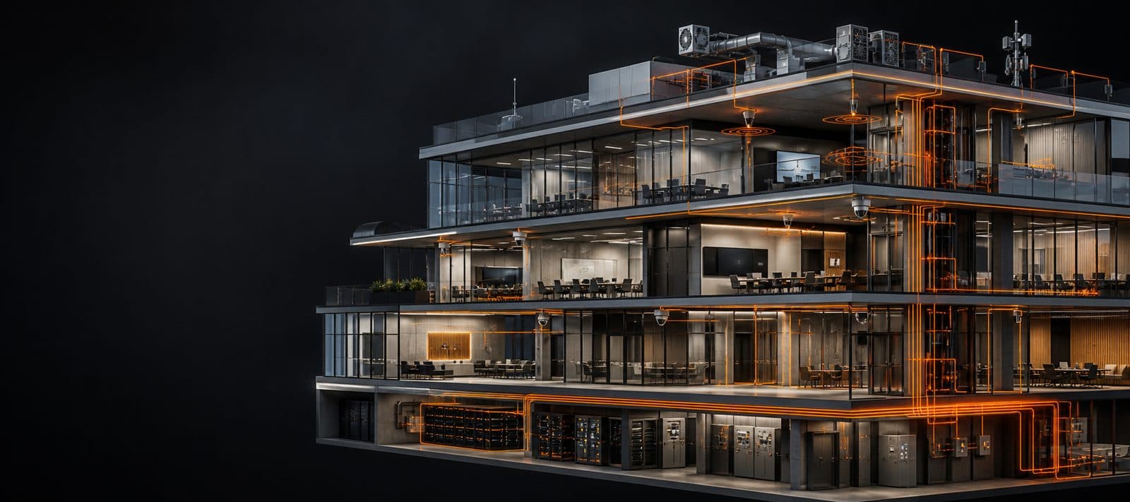Building cross-section with coordinated technology systems highlighted in orange