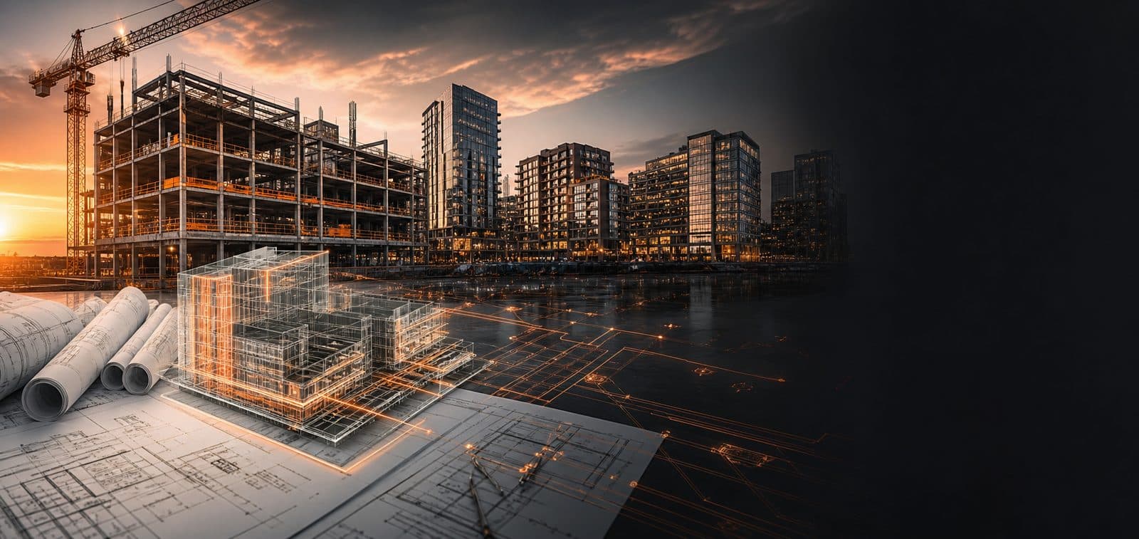 Construction site at sunset with technology plans in the foreground